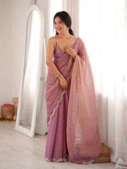 Akhilam - Women'S Silk Blend Mauve Embellished Saree