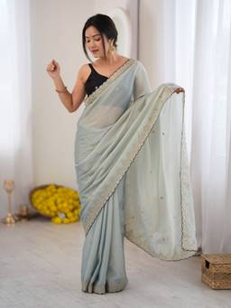 Akhilam - Women'S Georgette Light Blue Zari Embroidered Saree
