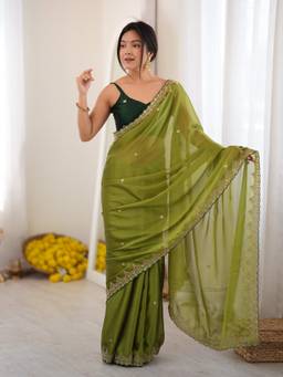 Akhilam - Women'S Georgette Olive Zari Embroidered Saree