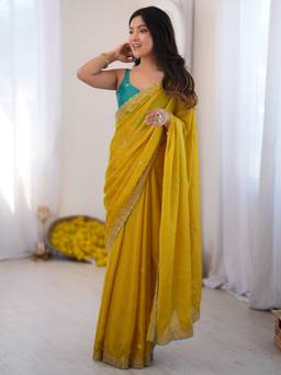Akhilam - Women'S Georgette Yellow Zari Embroidered Saree