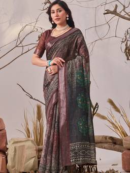 URBAN PALLU - Designer Brown Pixie Lane Pure Cotton Printed Jamdani Saree