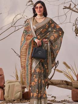 URBAN PALLU - Casual Grey Pixie Lane Floral Pure Cotton Printed Jamdani Saree