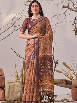 URBAN PALLU - Women's Peach Pixie Lane Floral Pure Cotton Jamdani Saree