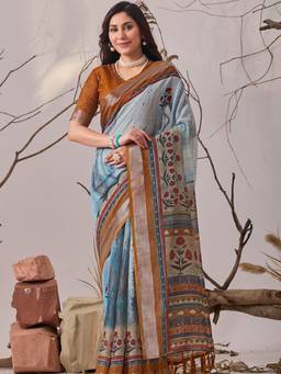 URBAN PALLU - Elegant Blue Pure Cotton Floral Zari Border Saree