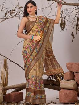URBAN PALLU - Festive Beige Pixie Lane Floral Pure Cotton Printed Jamdani Saree