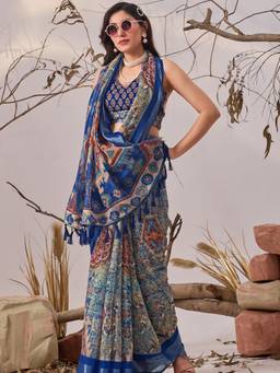 URBAN PALLU - Stylish Blue Pure Cotton Printed Zari Border Saree