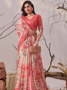 URBAN PALLU - Classic Pink Pixie Lane Floral Pure Cotton Printed Jamdani Saree