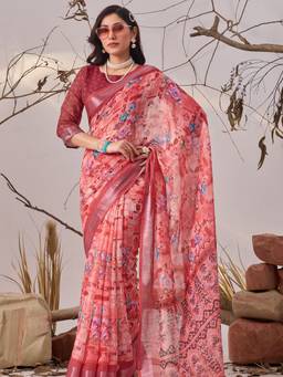 URBAN PALLU - Ethnic Pink Pixie Lane Floral Pure Cotton Jamdani Saree