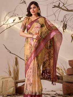URBAN PALLU - Graceful Mustard Pure Cotton Floral Zari Border Saree