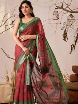 URBAN PALLU - Chic Red Pixie Lane Pure Cotton Printed Jamdani Saree