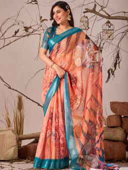 URBAN PALLU - Modern Peach Pixie Lane Floral Pure Cotton Jamdani Saree
