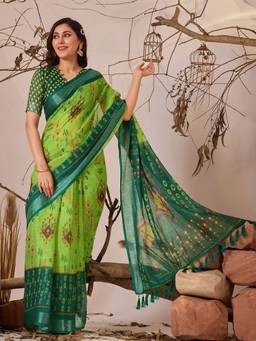 URBAN PALLU - Statement Green Pixie Lane Ethnic Motifs Pure Cotton Jamdani Saree