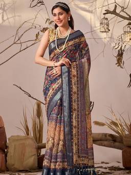 URBAN PALLU - Refined Blue Pixie Lane Printed Pure Cotton Jamdani Saree