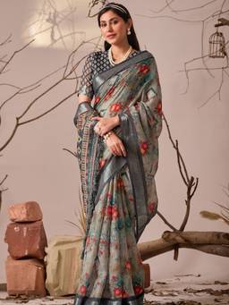 URBAN PALLU - Artistic Grey Pixie Lane Floral Pure Cotton Designer Jamdani Saree