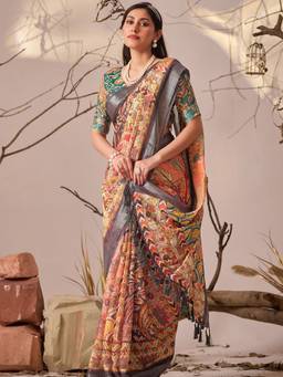 URBAN PALLU - Vibrant Cream Pixie Lane Kalamkari Pure Cotton Printed Jamdani Saree