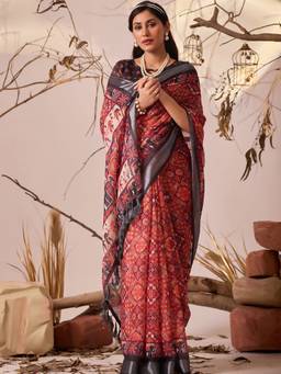 URBAN PALLU - Designer Red Pure Cotton Floral Zari Border Saree