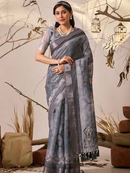 URBAN PALLU - Casual Grey Pixie Lane Floral Pure Cotton Designer Jamdani Saree