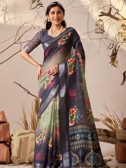 URBAN PALLU - Women's Multi-Color Pixie Lane Floral Pure Cotton Jamdani Saree