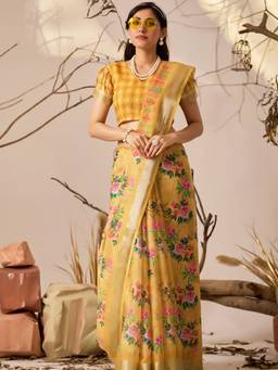 URBAN PALLU - Festive Yellow Pixie Lane Floral Pure Cotton Jamdani Saree