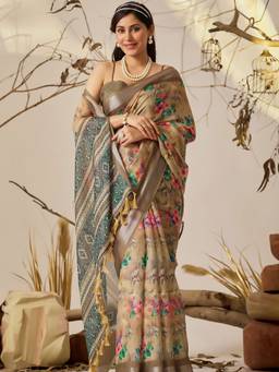 URBAN PALLU - Stylish Beige Pixie Lane Floral Pure Cotton Jamdani Saree