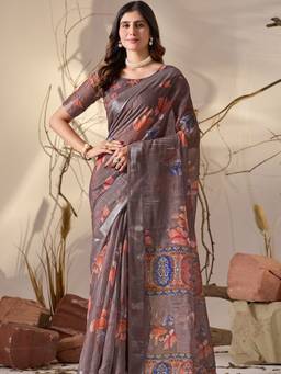 URBAN PALLU - Ethnic Grey Pixie Lane Floral Pure Cotton Jamdani Saree