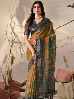 URBAN PALLU - Trendy Mustard Pixie Lane Printed Pure Cotton Designer Jamdani Saree
