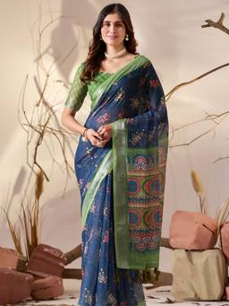 URBAN PALLU - Graceful Blue Pixie Lane Floral Pure Cotton Printed Jamdani Saree