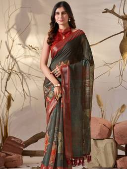 URBAN PALLU - Premium Black Pure Cotton Floral Zari Border Saree