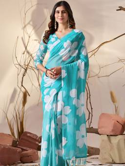 URBAN PALLU - Statement Aqua Pure Cotton Floral Zari Border Saree
