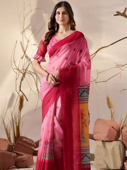 URBAN PALLU - Timeless Pink Pure Cotton Floral Zari Border Saree