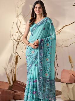 URBAN PALLU - Pretty Aqua Pure Cotton Floral Zari Border Saree