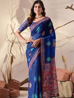 URBAN PALLU - Refined Blue Pure Cotton Floral Zari Border Saree