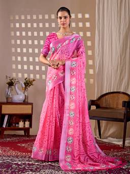URBAN PALLU - Women's Pink Floral Silk Cotton Fusion Jamdani Saree