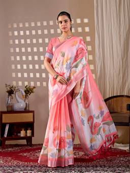 URBAN PALLU - Elegant Pink Printed Silk Cotton Fusion Jamdani Saree