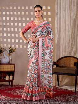 URBAN PALLU - Festive White Printed Silk Cotton Fusion Jamdani Saree