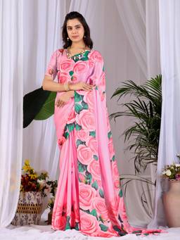 URBAN PALLU - Stylish Pink Floral Satin Fusion Jamdani Saree