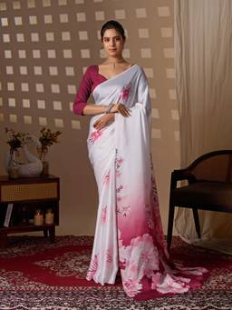 URBAN PALLU - Classic Off White Floral Satin Fusion Jamdani Saree