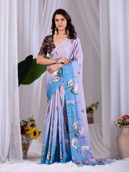 URBAN PALLU - Ethnic Lavender Floral Satin Fusion Jamdani Saree
