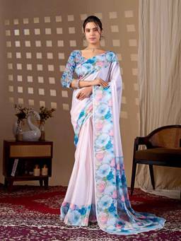 URBAN PALLU - Trendy Multi-Color Floral Satin Fusion Jamdani Saree