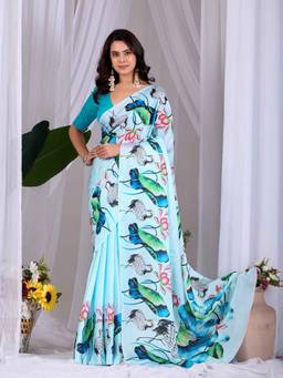 URBAN PALLU - Graceful Blue Satin Fusion Jamdani Saree