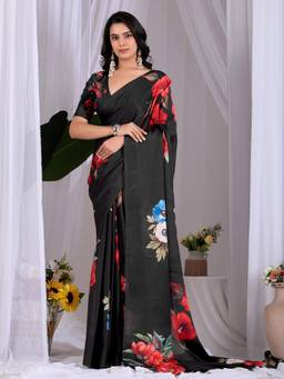 URBAN PALLU - Chic Black Floral Satin Jamdani Saree