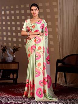 URBAN PALLU - Traditional Green Floral Satin Jamdani Saree