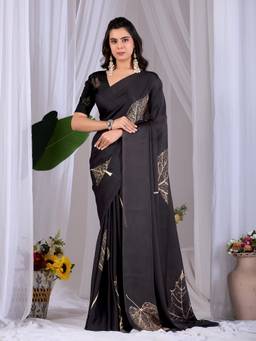 URBAN PALLU - Modern Black Floral Satin Jamdani Saree
