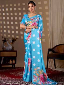 URBAN PALLU - Statement Blue Floral Satin Jamdani Saree