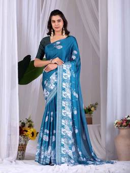 URBAN PALLU - Timeless Blue Floral Satin Jamdani Saree