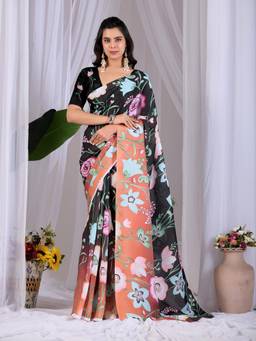 URBAN PALLU - Refined Black Floral Satin Jamdani Saree