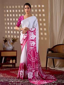 URBAN PALLU - Artistic White Floral Satin Jamdani Saree