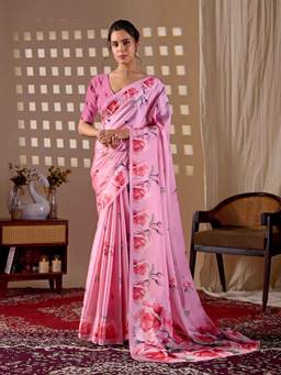 URBAN PALLU - Designer Pink Floral Satin Jamdani Saree