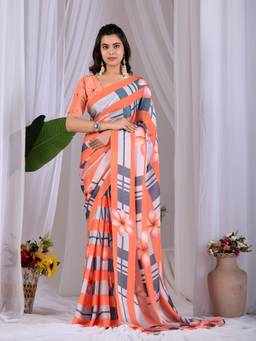 URBAN PALLU - Casual Multi-Color Floral Satin Fusion Jamdani Saree