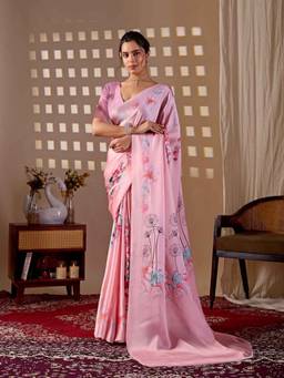 URBAN PALLU - Women's Pink Floral Satin Jamdani Saree